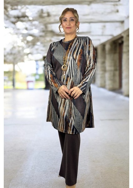 Bisiklet Yaka Yumoş Viskon Kumaş Tunik Beli Lastikli Viskon Pantolon Büyük Beden Alt Üst Takım