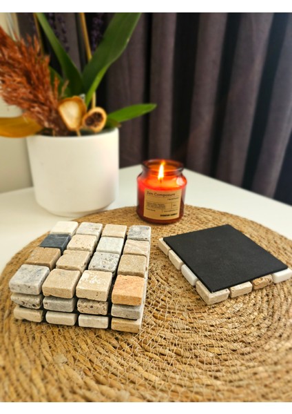 Mermer Nihale (Çaydanlık -Tencere Altlığı) ve 4 Adet Bardak Altlığı Büyük Mix Kare