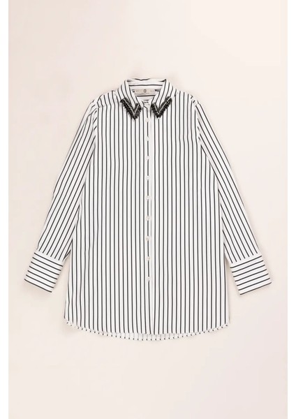 Kadın Boncuk Detaylı Çizgili Gömlek - Ekru fırsatları