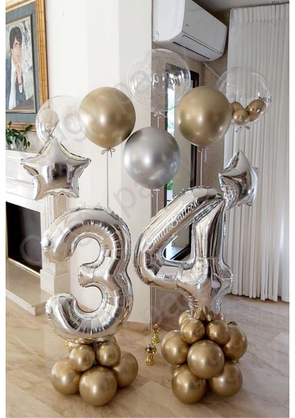 34 Yaş Gümüş Gold Bobo Balon Detaylı Doğum Günü Özel Gün Parti Kutlama Seti