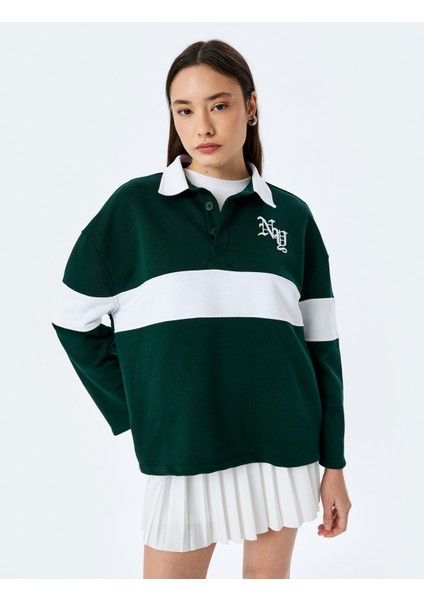 Polo Yaka Nakışlı Düğmeli Renk Bloklu Oversize Sweatshirt