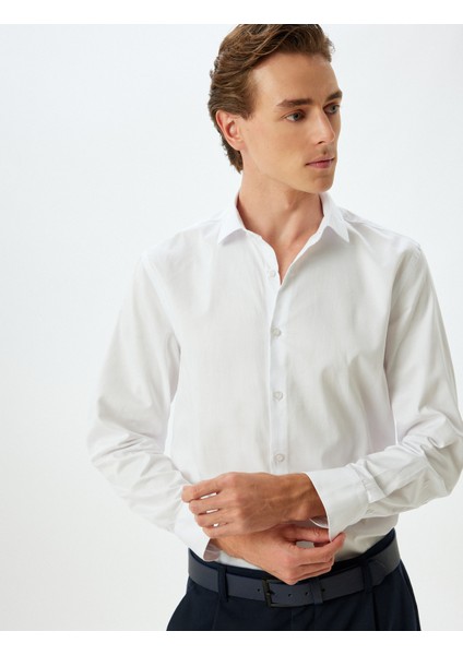 Slim Fit Gömlek Uzun Kollu Yarım Italyan Yaka Pamuklu