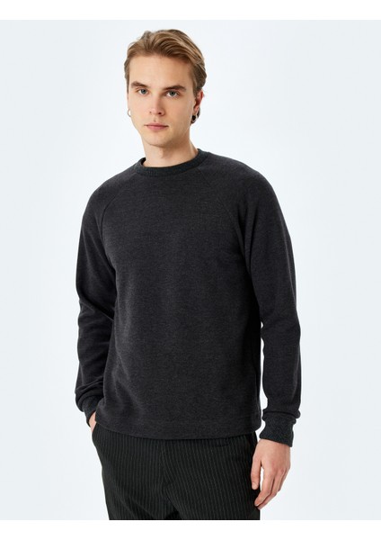 Dikiş Detaylı Pamuk Karışımlı Uzun Kollu Bisiklet Yaka Basic Sweatshirt