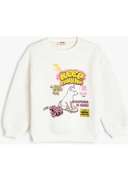 Köpek Baskılı Bisiklet Yaka Uzun Kollu Sweatshirt