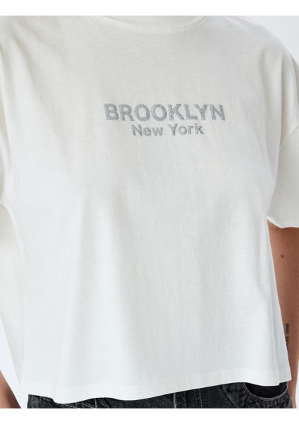 Slogan Baskılı Kısa Kollu Crop Bisiklet Yaka Tişört indirimleri