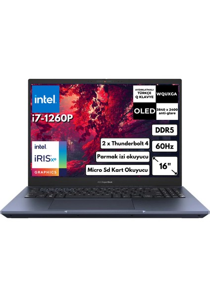 Expertbook B5 I7-1260P 8-Gbddr5 1 Tbssd 16" OLED Wquxga Windows 11 Pro Dizüstü Bilgisayar B5602CBA-I7126016512DS BT37
