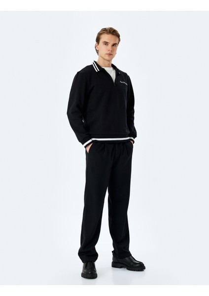 Şerit Detaylı Uzun Kollu Slogan Işlemeli Sweatshirt