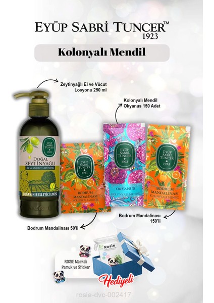 Kolonyalı Mendil Mandalina 50'li ve 150'LI Ve, Okyanus 150'LI, Zeytinyağlı Losyon 250 ml Rosie
