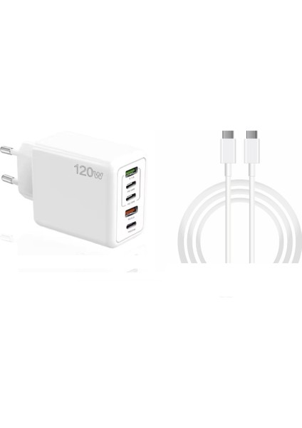 120W 3 Type-C + 2 Usba Toplam 5 Çıkışlı Ev Tipi Şarj Aleti Set 3A 45W Type-C To Type-C 1metre Süper Hızlı Data ve Şarj Kablosu SR30