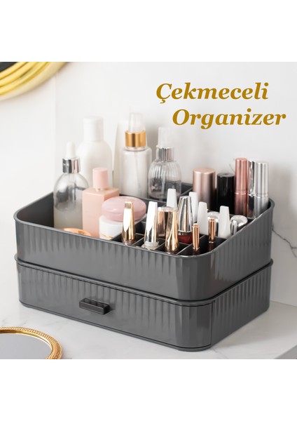 0619 Çekmeceli Takı Organizeri Makyaj Düzenleyici Makyaj Kutusu Çekmeceli Takı Bijuteri Mücevher Kutusu Antrasit
