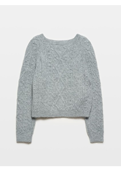 10462 Bisiklet Yaka Önü Taş Işlemeli Kazak-Ekru fiyatları