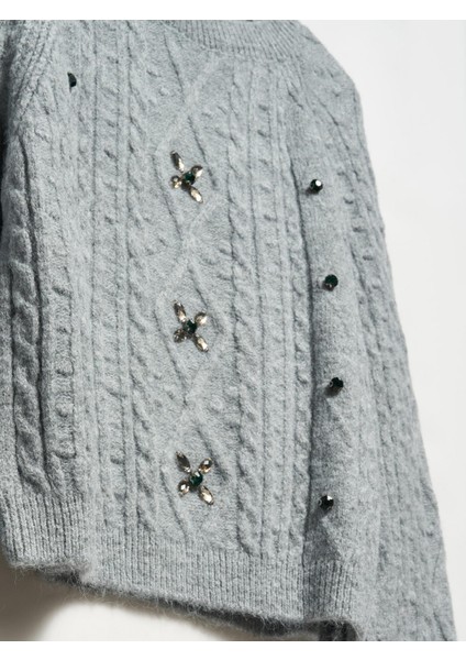 10462 Bisiklet Yaka Önü Taş Işlemeli Kazak-Ekru modelleri