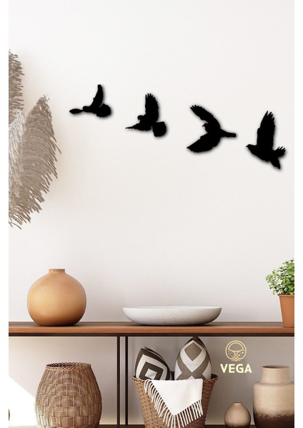 Modern Dörtlü Kuş Duvar Süsü Siyah MDF Malzemeden Şık Tasarım