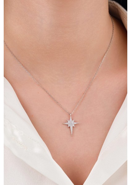 Gümüş Beyaz Zirkon Taşlı Küçük Boy Kutup Yıldızı Serenay Kolye