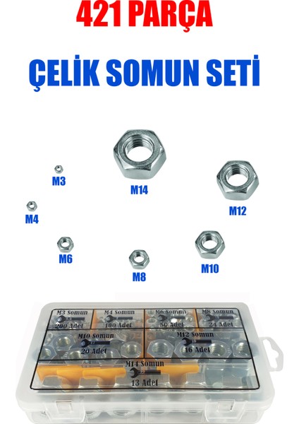 421 Parça Çelik Somun Seti (M3-M4-M6-M8-M10-M12-M14)