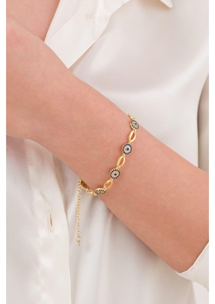 Gümüş Altın Gold Kaplama Mavi Nazar Boncuklu Göz Bileklik