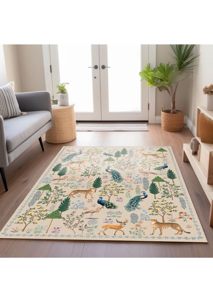 Floral Bej Tonlarında Pastel Botanik Tema Dokuma Taban Salon Halısı Çocuk Halısı MARS254 indirimleri