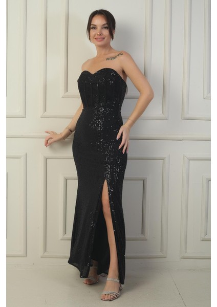 Kadın Straplez Balenli Arkası Bağcıklı Astarlı Yırtmaçlı Pulpayet Uzun Elbise