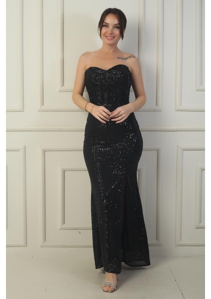 Kadın Straplez Balenli Arkası Bağcıklı Astarlı Yırtmaçlı Pulpayet Uzun Elbise modelleri