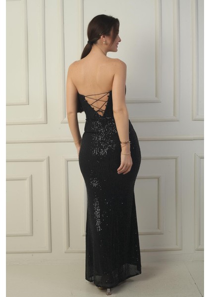 Kadın Straplez Balenli Arkası Bağcıklı Astarlı Yırtmaçlı Pulpayet Uzun Elbise fırsatları