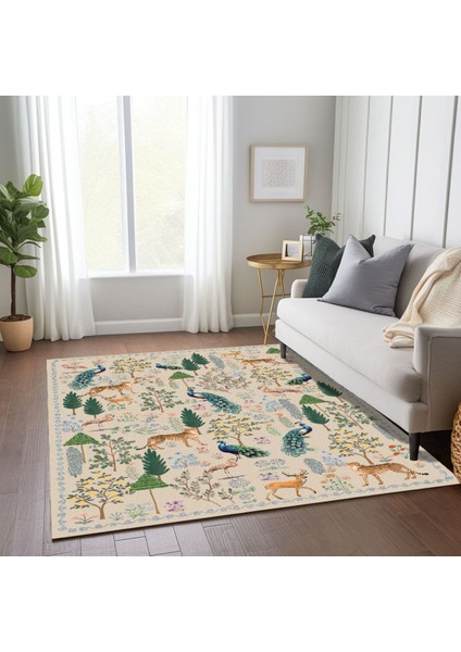Floral Bej Tonlarında Pastel Botanik Tema Dokuma Taban Salon Halısı Çocuk Halısı MARS254 modelleri