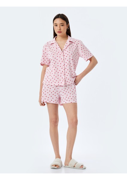 Pamuklu Gömlek Yaka Kalpli Şortlu Pijama Takımı modelleri