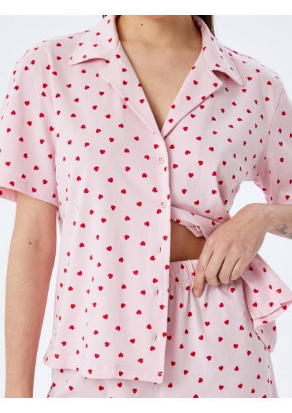 Pamuklu Gömlek Yaka Kalpli Şortlu Pijama Takımı indirimleri