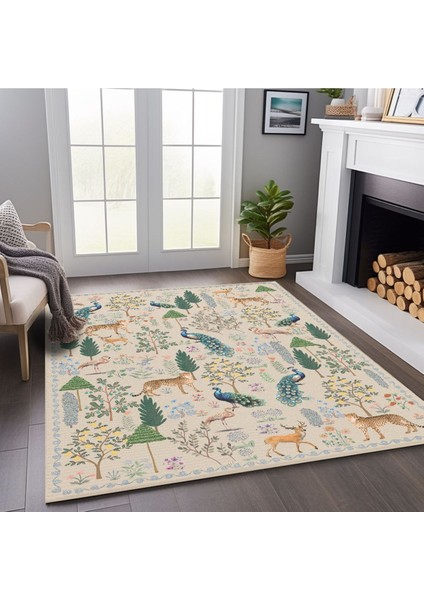 Floral Bej Tonlarında Pastel Botanik Tema Dokuma Taban Salon Halısı Çocuk Halısı MARS254 fırsatları