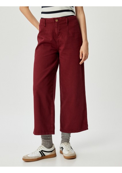 Geniş Kısa Paça Pantolon Yüksek Bel Düğmeli - Wide Leg Jean