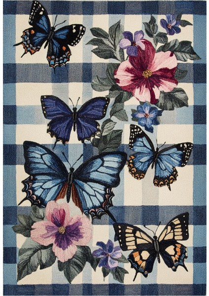 Mars 211 Mavi Beyaz Ekose Çiçek Kelebek Figürlü Modern Dokuma Taban Dekoratif Halı fiyatları