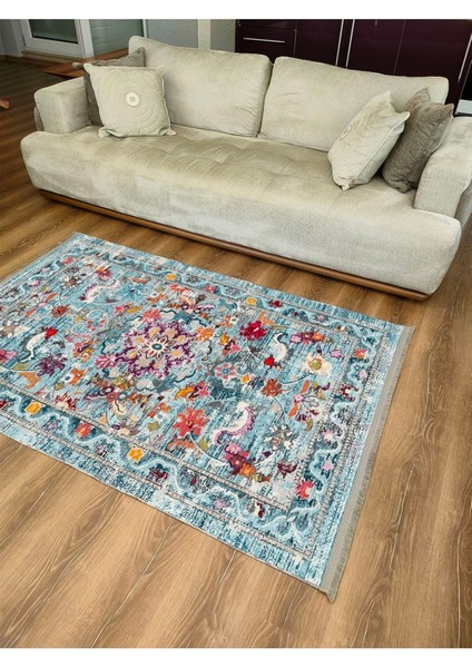 Marss 2165 Renkli Çiçek Desenli Yıkanabilir Kaymaz Tabanlı Salon Halısı, Koridor ve Mutfak Halısı