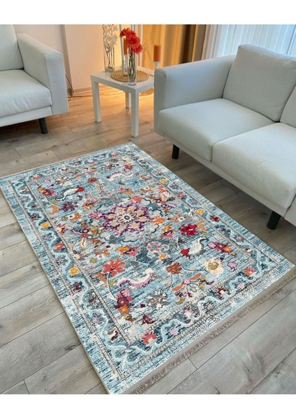 Marss 2165 Renkli Çiçek Desenli Yıkanabilir Kaymaz Tabanlı Salon Halısı, Koridor ve Mutfak Halısı