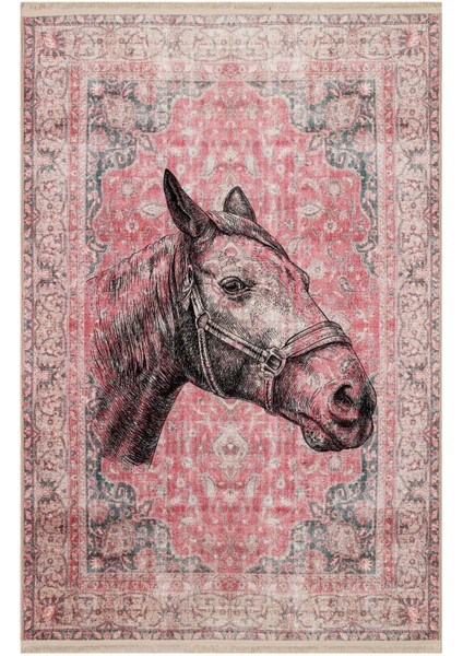 Mars 149 Vintage Kırmızı El Çizimi At Temalı Dokuma Taban Halı