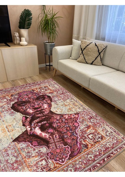 Mars 125 Kiremit Tonunda Eskitme Kadın Silüeti Etnik Desenli Vintage Dokuma Taban Halı modelleri