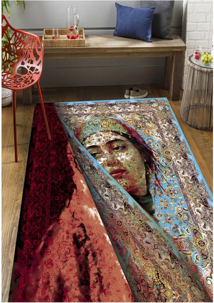 Mars 150 Mavi ve Bordo Tonlarda Kadın Silüeti Etnik Desenli Vintage Dokuma Taban Halı modelleri