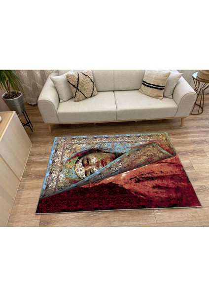 Mars 150 Mavi ve Bordo Tonlarda Kadın Silüeti Etnik Desenli Vintage Dokuma Taban Halı fırsatları