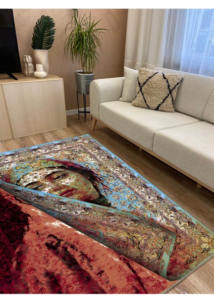 Mars 150 Mavi ve Bordo Tonlarda Kadın Silüeti Etnik Desenli Vintage Dokuma Taban Halı indirimleri