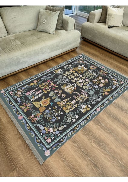 Mars 2188 Yeşil Çiçek Temalı Geleneksel Motifli Etnik Desenli Yıkanabilen Saçaklı Dekoratif Halı fiyatları