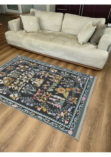 Mars 2188 Yeşil Çiçek Temalı Geleneksel Motifli Etnik Desenli Yıkanabilen Saçaklı Dekoratif Halı modelleri