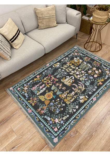 Mars 2188 Yeşil Çiçek Temalı Geleneksel Motifli Etnik Desenli Yıkanabilen Saçaklı Dekoratif Halı fırsatları