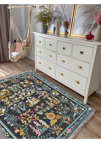 Mars 2188 Yeşil Çiçek Temalı Geleneksel Motifli Etnik Desenli Yıkanabilen Saçaklı Dekoratif Halı indirimleri