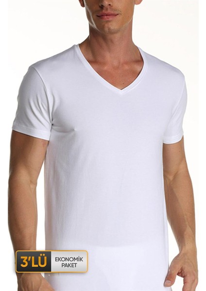 Erkek Elastanlı V Yaka Beyaz T-Shirt 0956 3'lü Paket