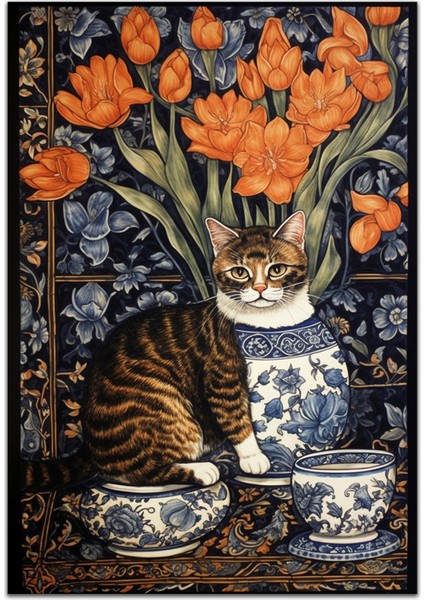 Mars 160 Kedi ve Blue Blanc Tema Etnik Deseni Dokuma Taban Halı