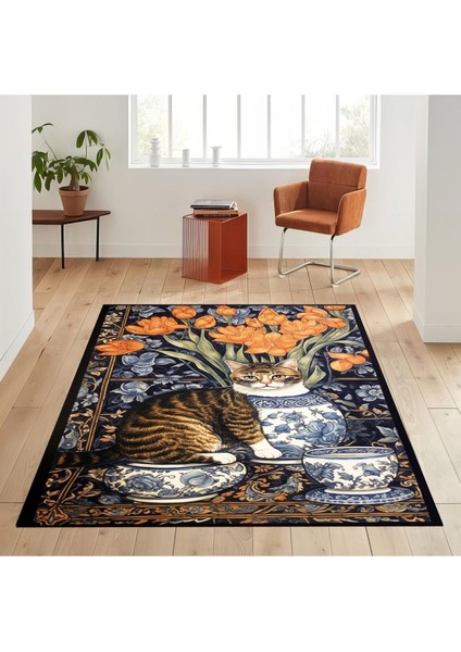 Mars 160 Kedi ve Blue Blanc Tema Etnik Deseni Dokuma Taban Halı fiyatları