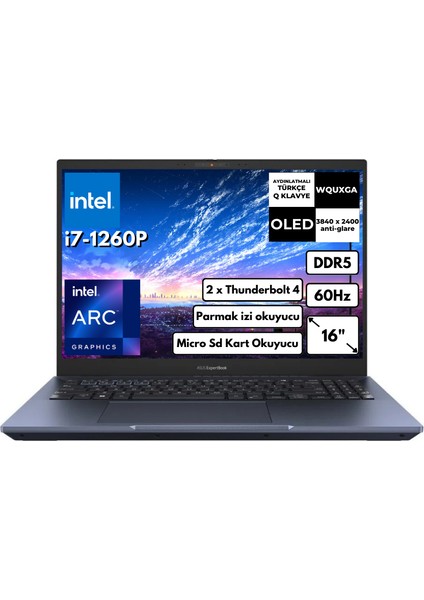 Expertbook B5 I7-1260P 24-Gbddr5 512-GBDDR5 SSD 4gb Arc A350M OLED Wquxga Windows 11 Home Dizüstü Bilgisayar B5602CBN-I7126016512DS BTY27