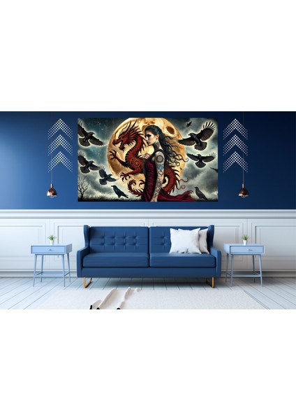 Ti-Play Kırmızı Ejderha Dövmeli Samuray Kadın 60 x 90 cm Modern Pvc Çerçevesiz Tablo