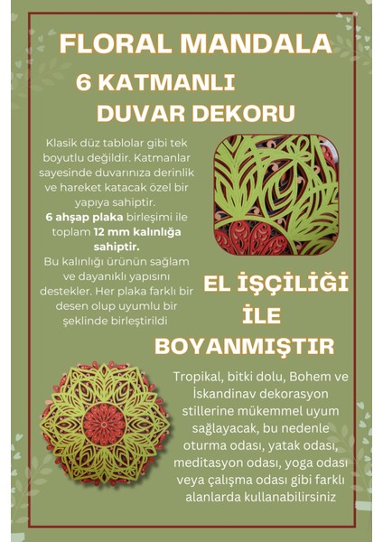 Yaprak Desenli Mandala Ahşap Duvar Dekoru