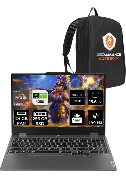 Loq Amd Ryzen 7 7435HS 24GB 256GB SSD RTX4050/6GB 105W 15.6" Fhd 144Hz Fdos Taşınabilir Bilgisayar & Per4 Çanta 83JC006ATRP311