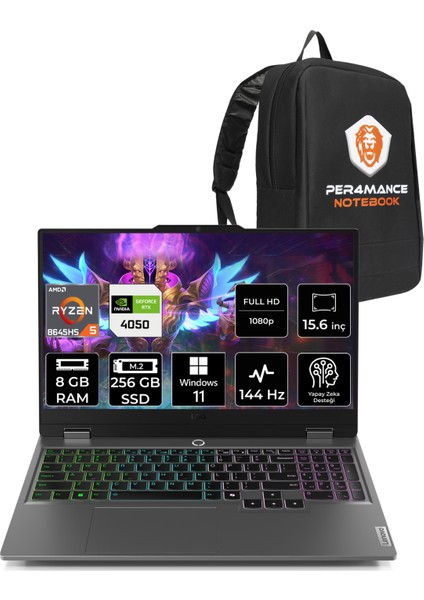 Loq Aı Amd Ryzen 5 8645HS 8gb 256GB SSD RTX4050/6GB 105W 15.6" Fhd 144Hz W11P Taşınabilir Bilgisayar & Per4 Çanta 83DX008DTRP381