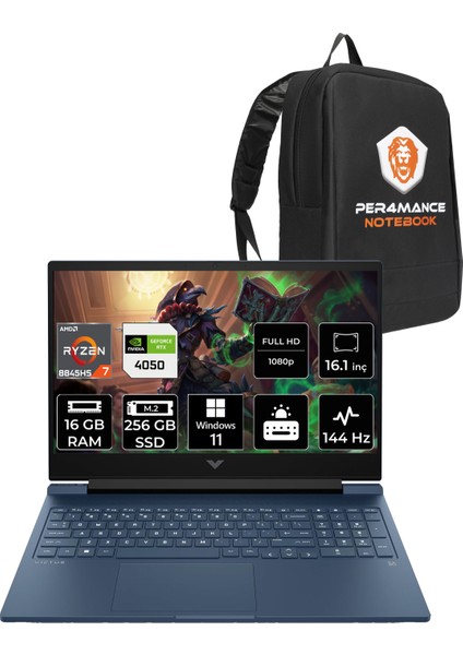 Victus 16 Amd Ryzen 7 8845HS 16GB 256GB SSD RTX4050/6GB 16.1" Fhd 144Hz W11P Taşınabilir Bilgisayar & Per4 Çanta 9Z795EAPN386